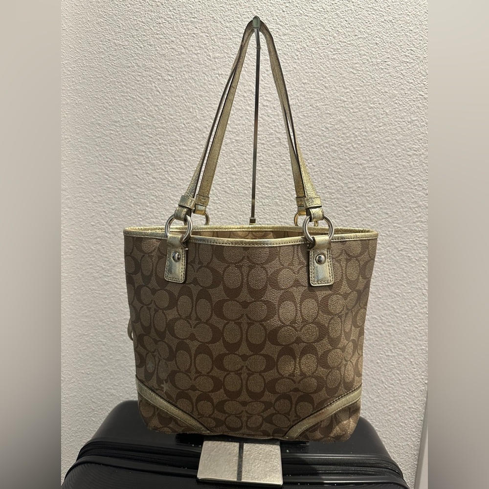 Coach Heritage Star Print Light Brown/Gold Double Handle Tote & Cardholer - Picture 5 of 14